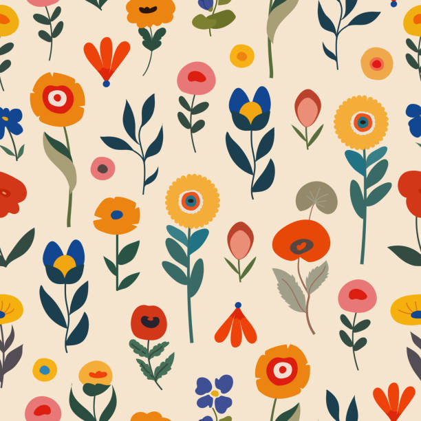 bildbanksillustrationer, clip art samt tecknat material och ikoner med simple abstract flowers and leaves seamless pattern vector in scandinavian style. cute hand drawn contemporary modern trendy illustration on beige background - hygge