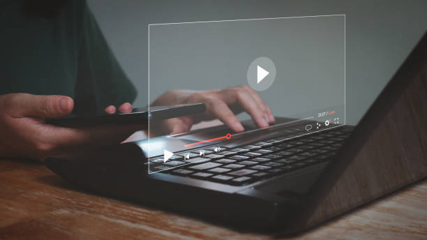 Video streaming on internet concept. Business people watching an online live digital stream multimedia player window. Marketing technology and advertising, tutorial event content creation platform.