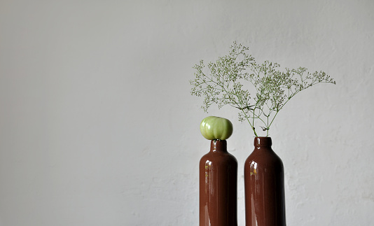 Home decor. Photographed in a very old Lithuanian rural homestead. Natural daylight. No people. On the table there are only two clay bottles in dark brown color and plant branches. In the background - a plastered painted wall. Warm brown shades dominate