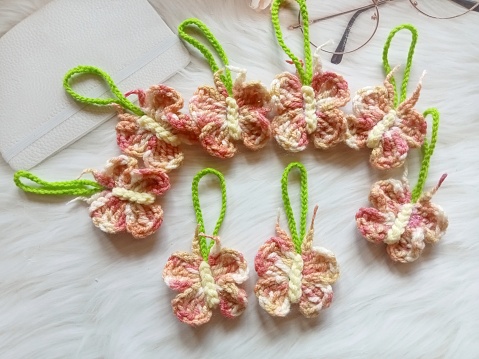 Crochet flowers handmade in multicolour background texture