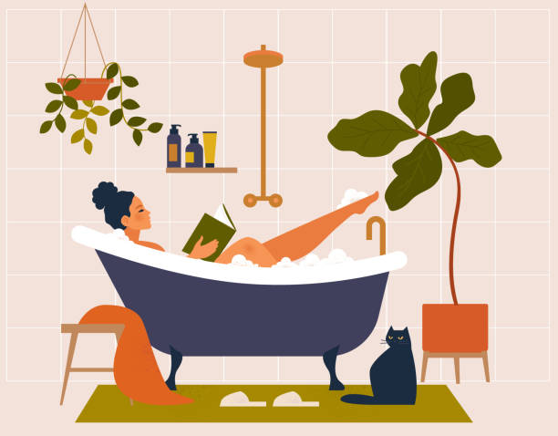 frau badet im heimischen badezimmer. frau mit buch entspannt sich in der badewanne wasser mit seifenschaum, blasen. schönheits- und körperpflegeroutine. flacher vektor - washtub stock-grafiken, -clipart, -cartoons und -symbole