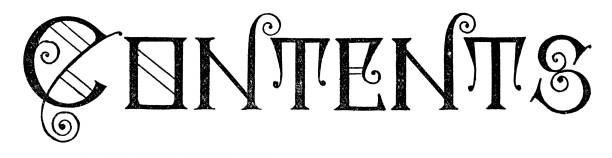 “Contents” in Art Nouveau style text. Vintage etching circa 19th century.