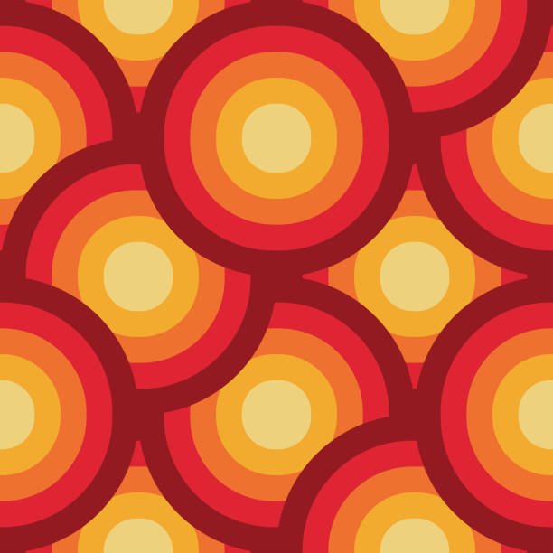 Vintage Groovy Funky retro 70s overlapping circles seamless pattern in orange, yellow, tangerine, red and burgundy. Vintage Groovy Funky retro 70s overlapping circles seamless pattern in orange, yellow, tangerine, red and burgundy. For wallpaper, retro posters and textile illusion pattern circle image created 1960s stock illustrations