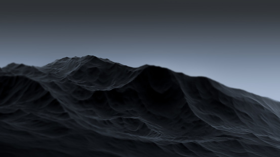 Mountain surface is blurred, the gloomy relief of the rock. Mountain, night dark abstract landscape, banner. 3D render