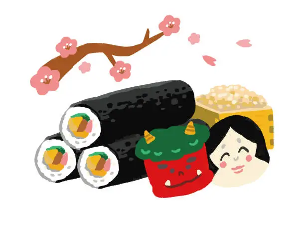 Vector illustration of Setsubun illustration Demon and Fortune and Beans and Eho-maki and Plum