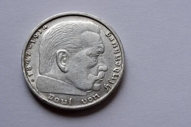 Macro German coin. Hindenburg silver coin made in the second world war. 2 mark.