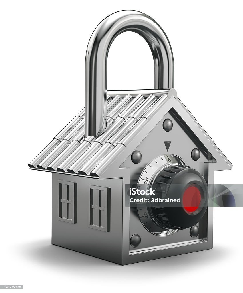 Home security concept "Padlock having the shape of a house, isolated on white background" Chrome Stock Photo