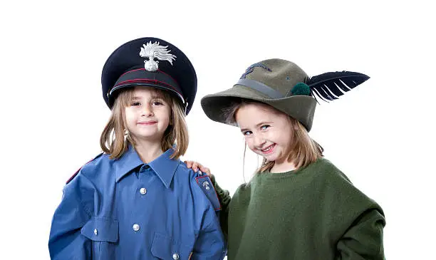 "italian military alpino and carabiniere, in similar uniform without any identity badge, white background"