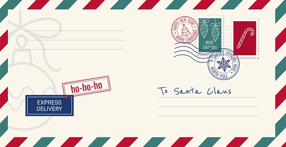 Blank Christmas mail envelope to Santa Claus with postage stamp. Vector illustration of Christmas postcard for wish list.  Cartoon style.