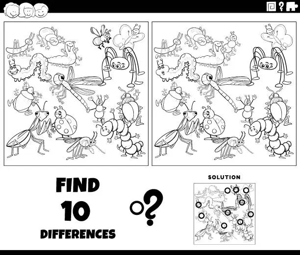 Vector illustration of differences game with cartoon insects coloring page