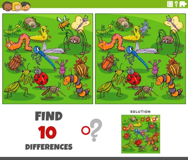 Vector illustration of differences activity with cartoon insects animal characters