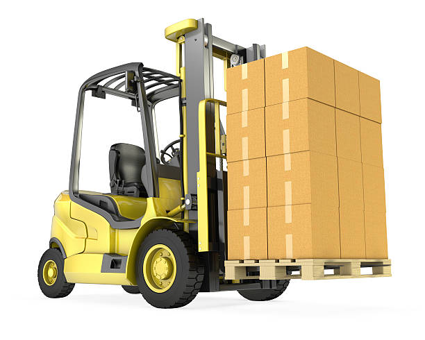 istock Yellow fork lift truck with big stack of carton boxes 178279518