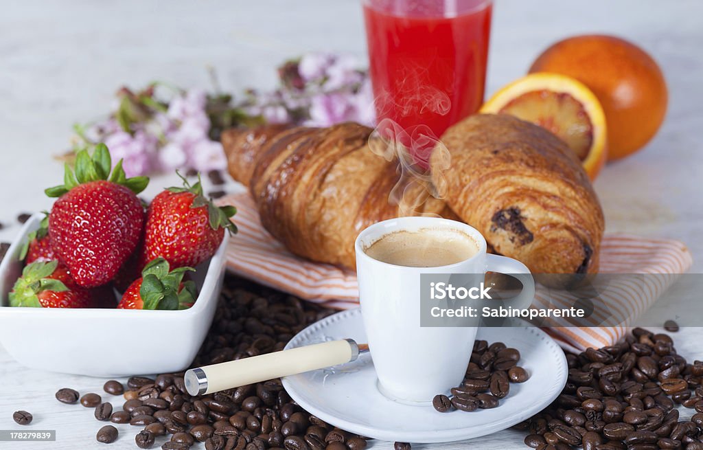 Breakfast Delicious breakfast with hot coffee and croissant Backgrounds Stock Photo