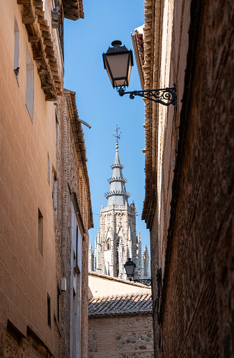 Detail of the tower and dome of the medieval cathedral of Toledo in Spain.