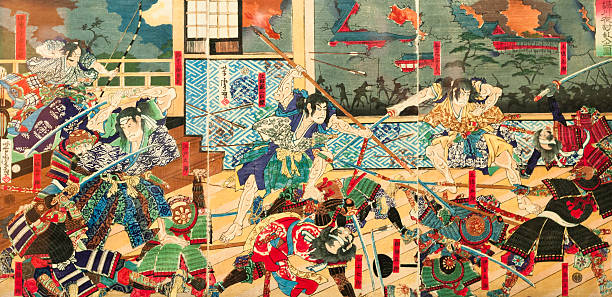 古いヴィンテージの武士の戦い日本の伝統的な絵画 - 弓道 ストックフォトと画像