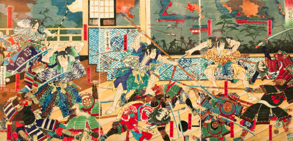 Samurai battle on old vintage Japanese Traditional paintings