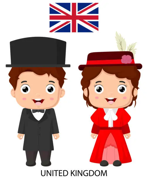 Vector illustration of Cute United Kingdom boy and girl in national clothes