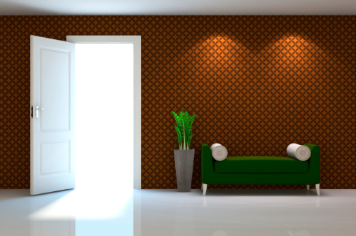 3d interior scene of a green couch on brown classic wall