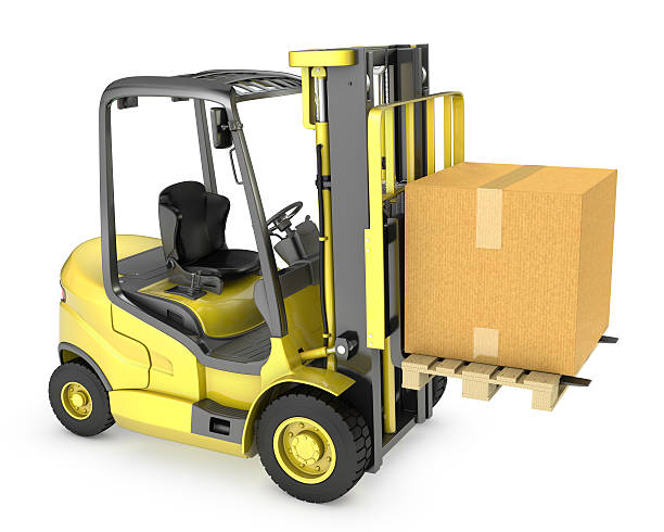 istock Yellow fork lift truck with large carton box 178282202