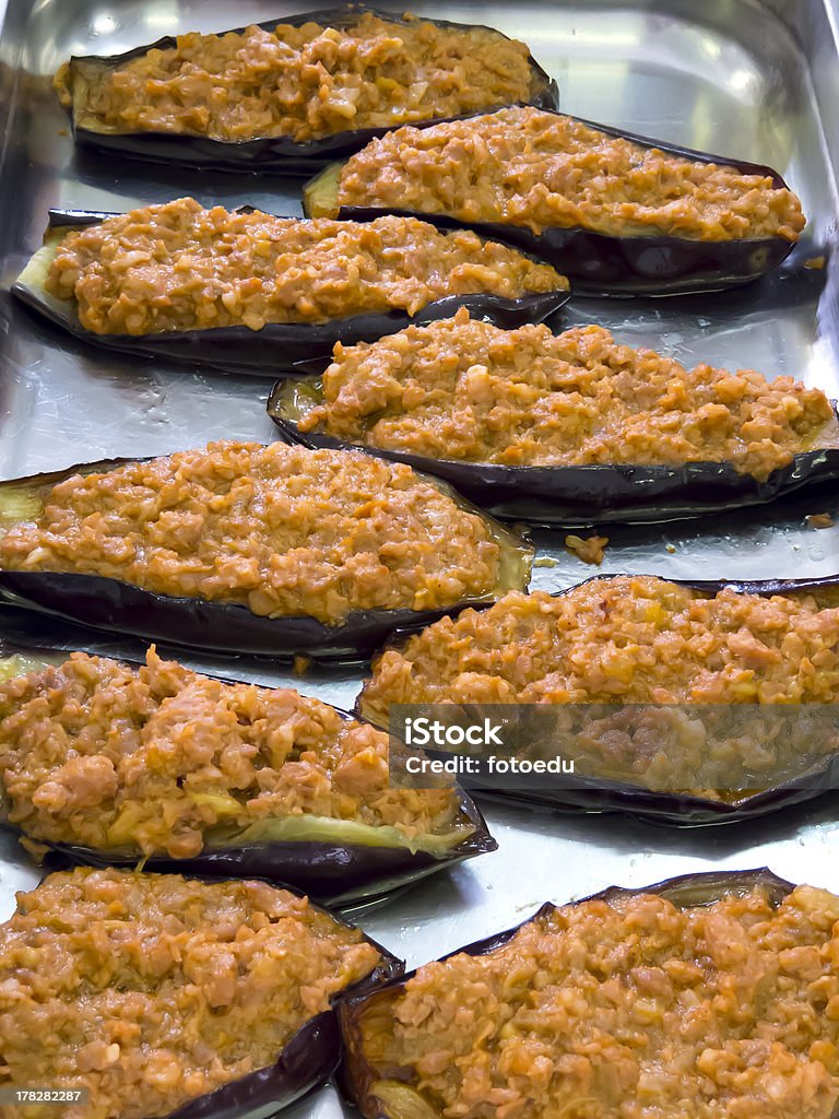 Stuffed eggplant Tray of eggplant stuffed with meat and tomato Chopped Food Stock Photo