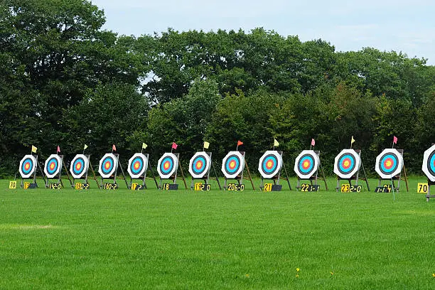 Row of targets for modern target archery standing at 70 meters from the archers.