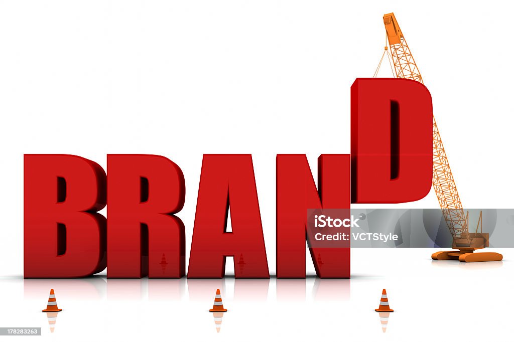 The word brand, and the letter D is the final piece  Construction site crane building a red 3D text. Part of a series. Building - Activity Stock Photo