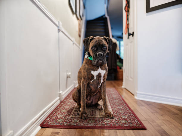 Boxer dog sitting on the floor in hallway. Interior of private home in Toronto, Canada.