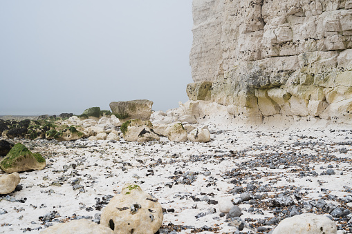 Misty morning in Hope Gap beach, Cuckmere Haven, located between Seaford and Eastbourne. Pebbly coastline with seaweed and the white cliffs on the background, selective focus