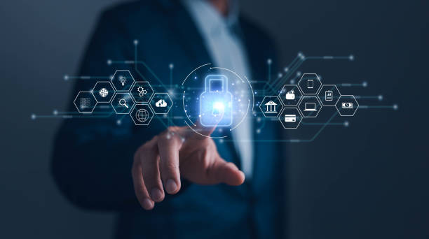 istock Secure cyber password protect, person use laptop login online web privacy icon computer firewall, cyber safe from virus, Lock icon and internet network security technology. Personal information. 1782850105