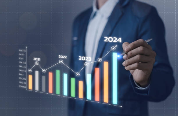 2024 年のビジネス ファイナンシャル プラン マーケット コンセプト、2023 年から 2024 年の利益成長のパフォーマンス、成長グラフのマネー 収益に関する教育トレンドの上昇、ビジネスマンは� - performance graph business growth ストックフォトと画像