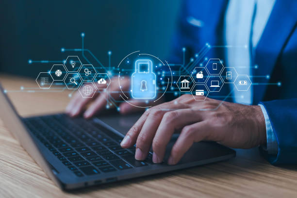 istock Secure cyber password protect, person use laptop login online web privacy icon computer firewall, cyber safe from virus, Lock icon and internet network security technology. Personal information. 1782851304