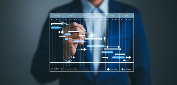 Project manage chart schedule timeline, business calendar work office data resource update, digital plan of project milestone with Gantt chart scheduling interface on a virtual screen.