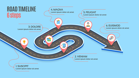 Isometric navigation map infographic 6 steps timeline concept. Winding road. Vector illustration.