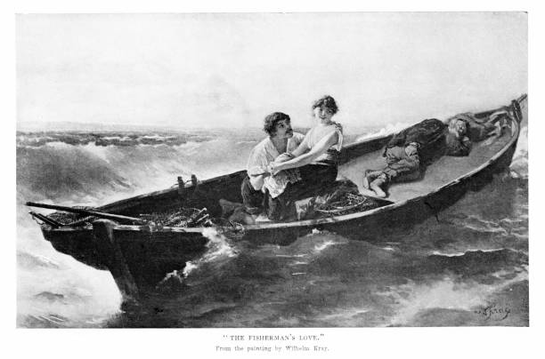 The Fishermen in Love by German Artist Wilhelm Kray,  Romantism, Art History An old fisherman sleeps in a rowboat while a young fisherman kneels before a young woman in "The Fishermen in Love" by German Artist Wilhelm Kray,. Engravings published 1892. The original edition is in my archives. Copyright has expired and is in Public Domain. kneelers stock illustrations