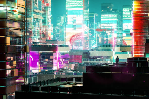 Mann steht auf dem Dach des Gebäudes und schaut nachts auf die Stadt – Foto