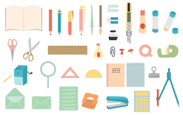 set von briefpapier, vektorillustration - ruler ballpoint pen pen isolated stock-grafiken, -clipart, -cartoons und -symbole