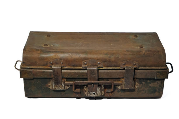 istock Vintage iron luggage, antique iron storage trunk box. 1782923436