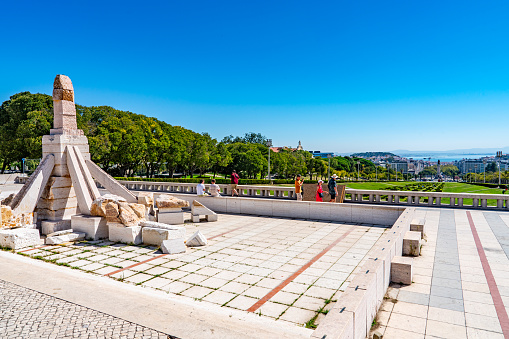 Tourits are visiting Edward vii Park and Monumento ao 25 de abril, Lisbon, Portugal.
