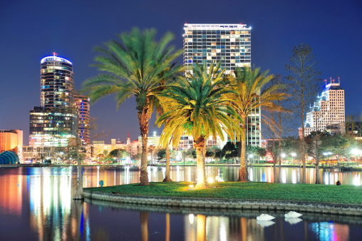 Orlando downtown skyline panorama over Lake Eola at night with urban skyscrapers, tropic palm tree and clear sky.