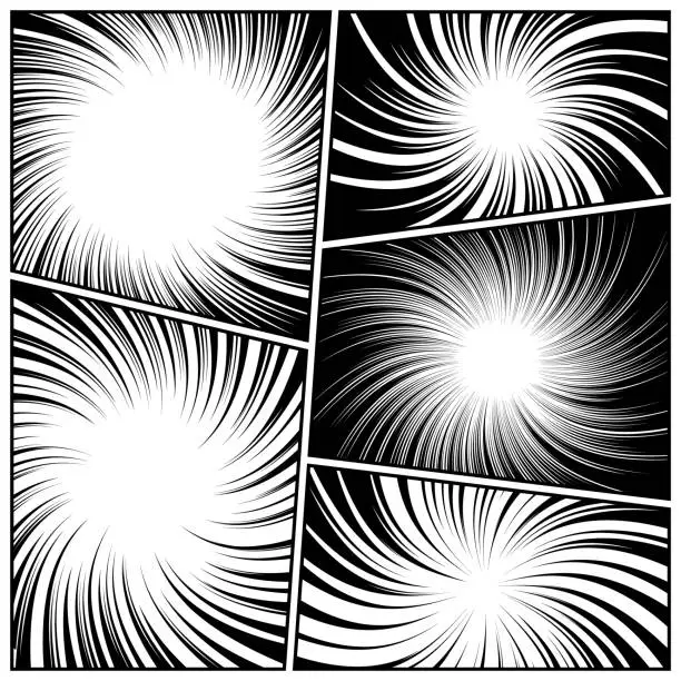 Vector illustration of Twisted comic book radial rays, lines. Comics background with motion, speed lines. Pop art style elements. Vector illustration