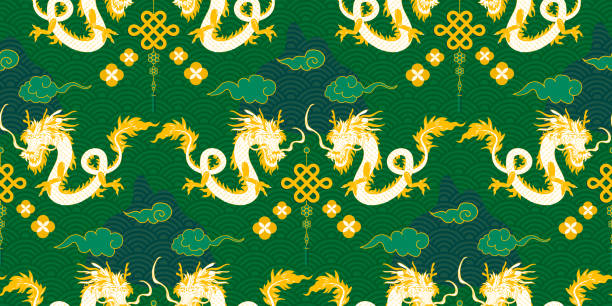ilustrações, clipart, desenhos animados e ícones de design de padrão sem costura de dragão tradicional chinês com nuvens, montanha e textura de água ondulada. ano do dragão 2024 fundo, cartaz, banner, elemento de decoração para o seu design - snake year china chinese new year