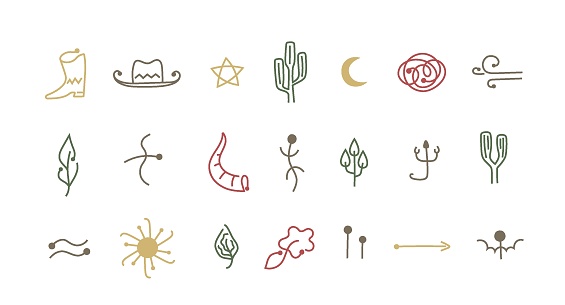 Boho wild west line icon set. Native American, Indian ancient silhouette collection