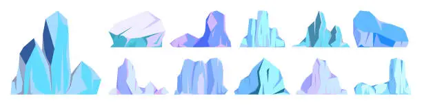 Vector illustration of Floating icebergs collection. Drifting arctic glacier, block of frozen ocean water. Icy mountains with snow. Melting ice peak. Antarctic snowy landscape. South and North Pole. Vector illustration.