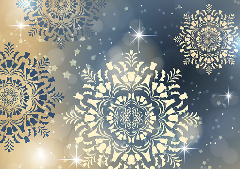 Abstract background with snowflakes and shining glare stars. Template, poster, postcards for holiday, New Year, Christmas. Vector illustration.
