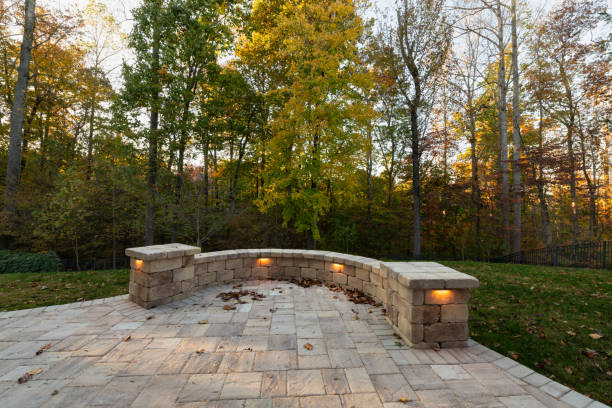 Backyard View with Concrete Pavers in Autumn Season