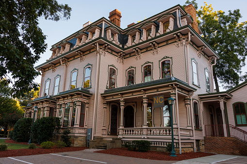 Galveston, Texas USA - May 6, 2014: The Silk Stocking Residential Historic District contains beautifully restored vintage homes of the Queen Anne architecture style in this coastal community.