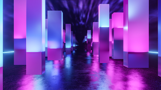 Futuristic scene with neon fluorescence columns in the extraterrestrial landscape in the cyber background style for templates and fashion render design in 3d illustration