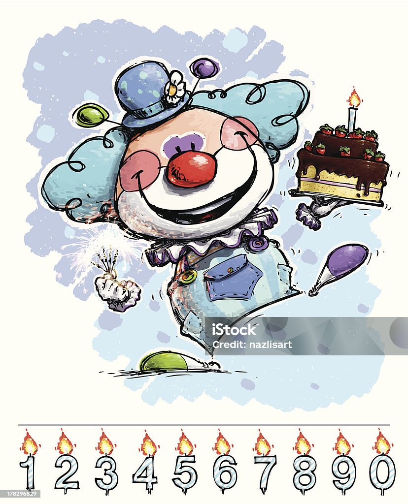 Payaso con un niño de pastel de cumpleaños - arte vectorial de Agarrar libre de derechos