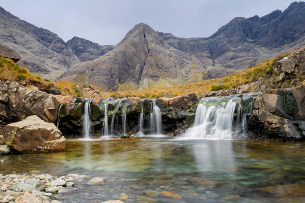 A waterfall at the Fairy Pools in Glen Brittle on the Isle of Skye, Scotland.