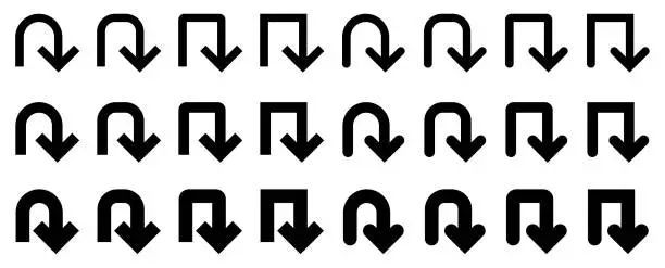 Vector illustration of Vector illustration set of monochrome U turn arrow, return arrow